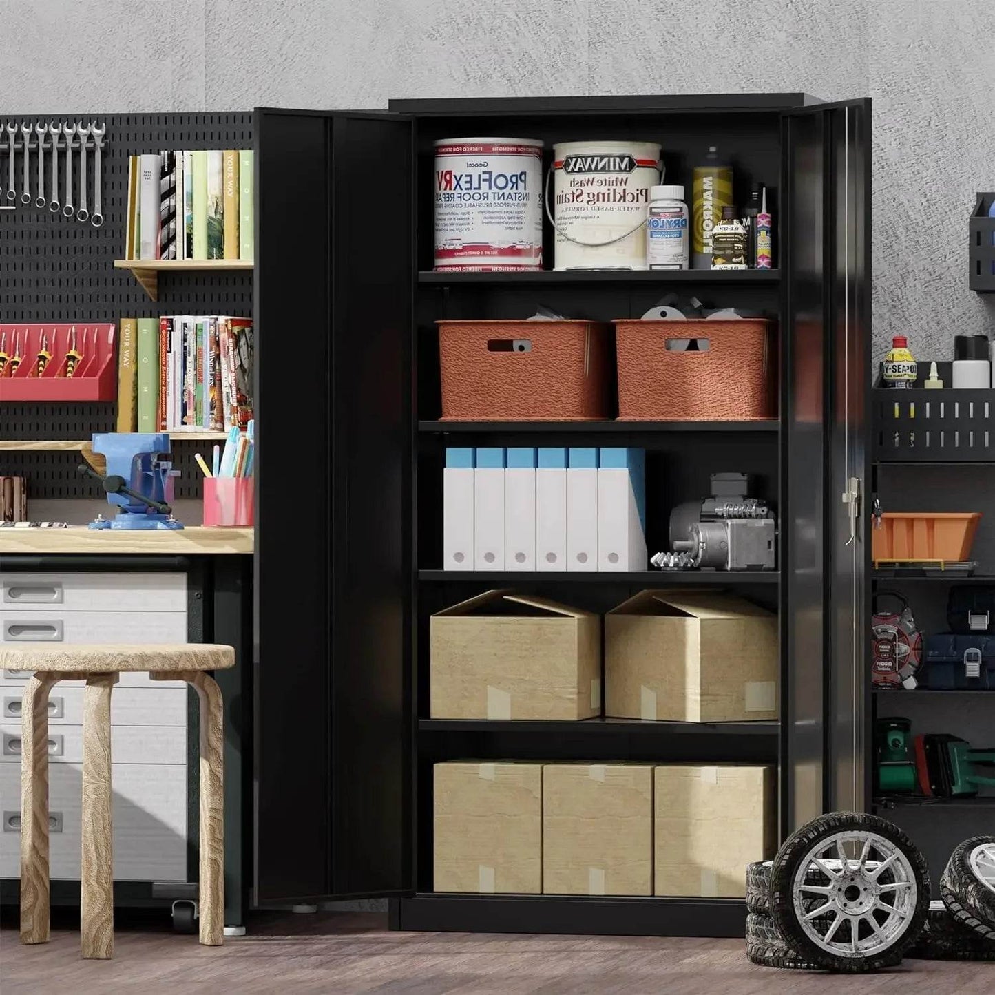 Garage Storage Cabinet with 2 Lockable Doors, 5 Adjustable Shelves - Loft&Timber