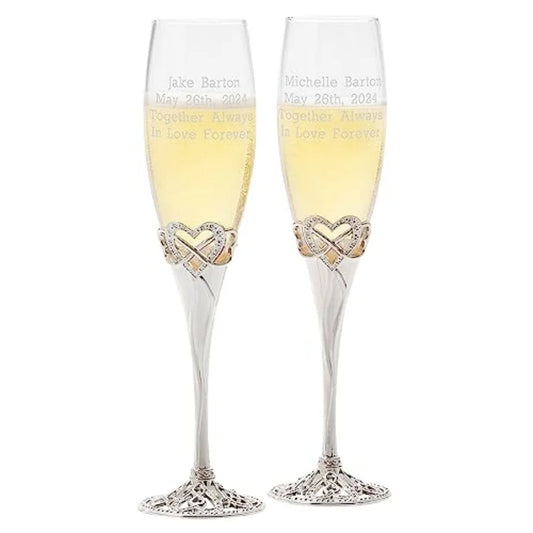 Personalized Infinity Heart Engraved Wedding Champagne Glass Flutes Set of 2
