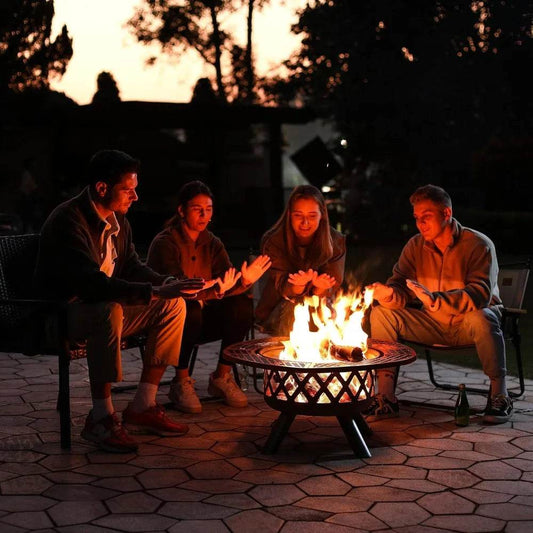 Fire Pit with Poker, 32 inch Outdoor Fire Pit Patio, Wood Burning Firepits for Outside with Grill - Loft&Timber