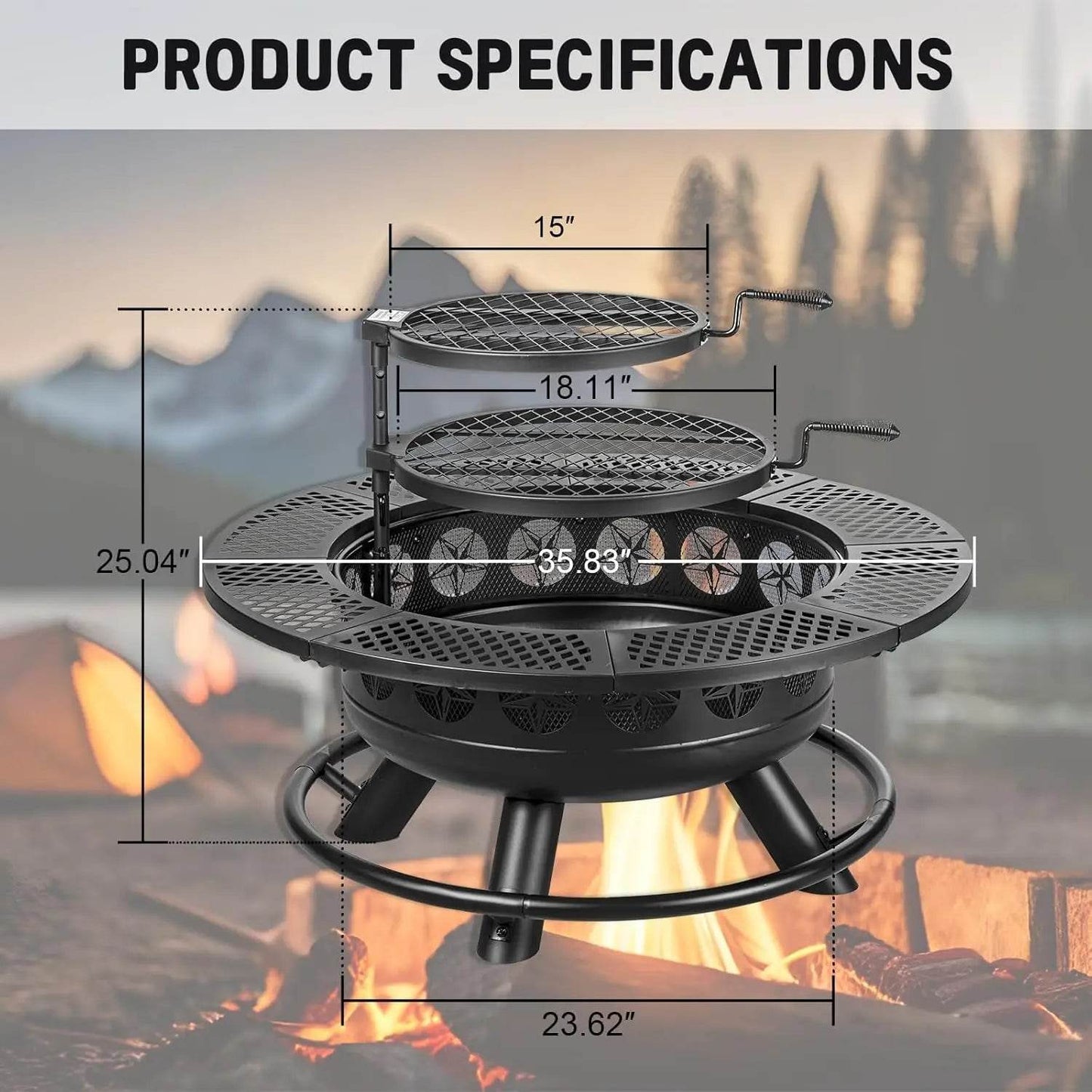 36 Inch Fire Pit with 2 Cooking Grills,Outdoor Wood Burning BBQ Firepit with Lid, 3-in-1 Outdoor Fire Pit - Loft&Timber