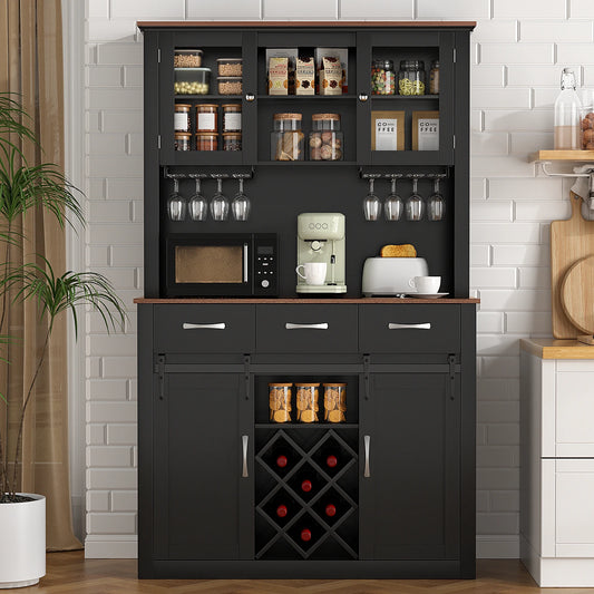 VOWNER 72" Tall Farmhouse Bar Cabinet with Sliding Barn Doors, Kitchen Pantry Storage Cabinet with Wine & Glass Racks - Loft&Timber