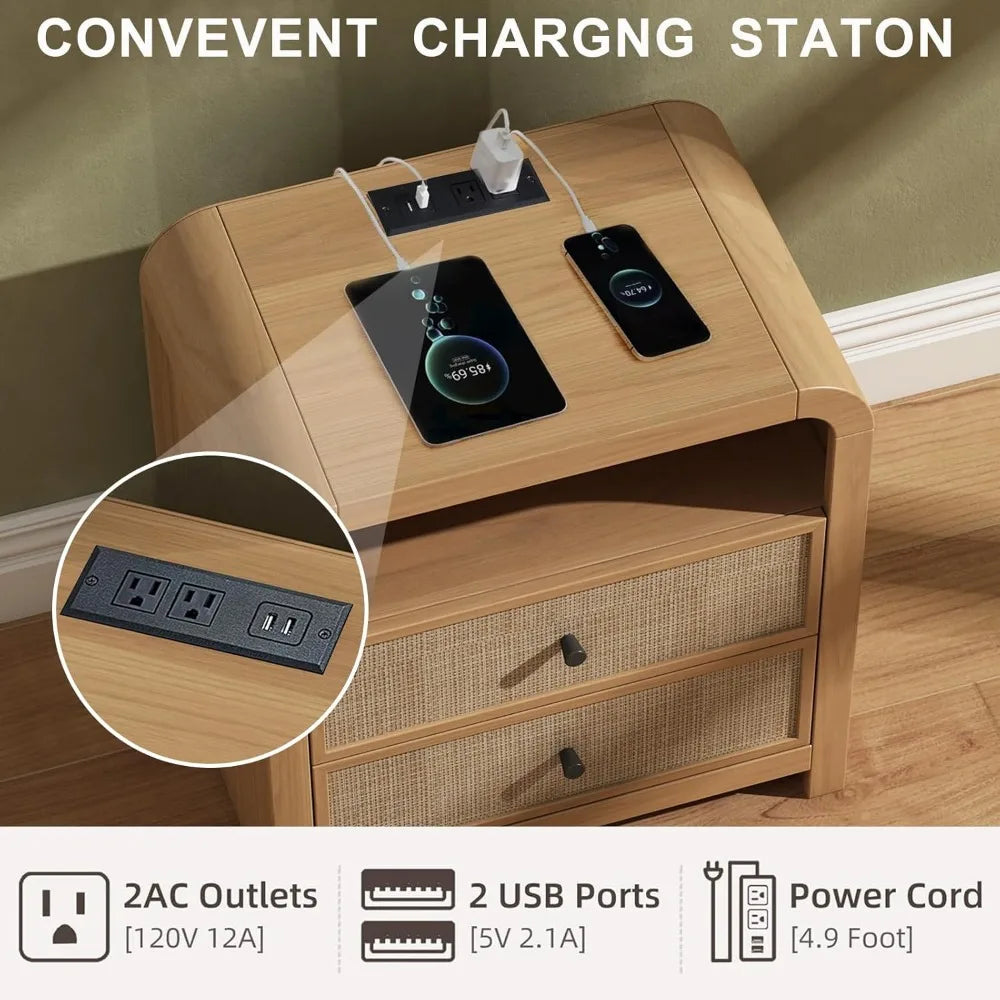 rattan nightstand set of 2, 23.6'' rattan end table with ample storage, boho nightstand with charging station, thick