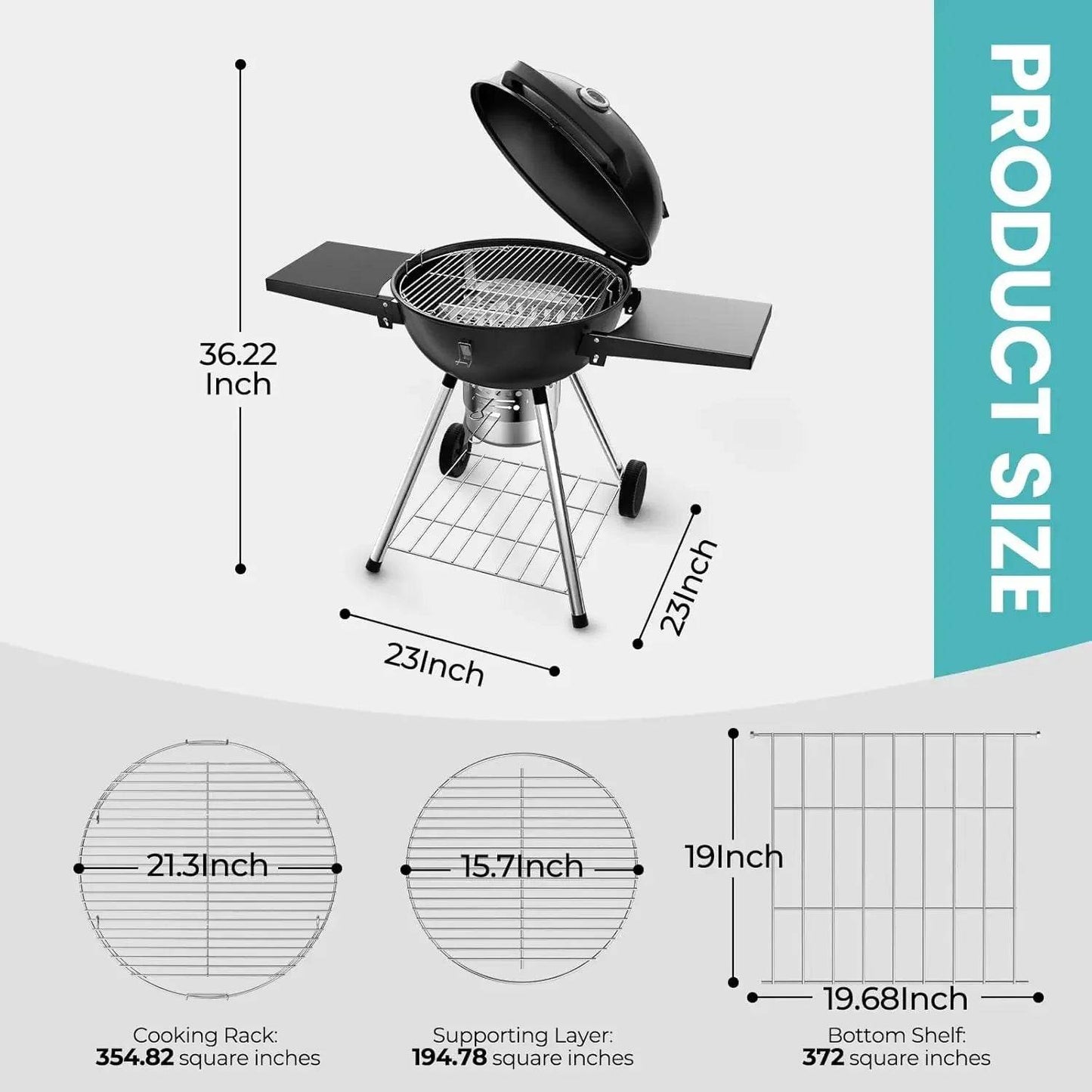 22 Inch Charcoal Grill with 2 Foldable Side Tables,Charcoal Kettle Grills with Wheels,Outdoor bbq Grill,Portable Charcoal Grill - Loft&Timber