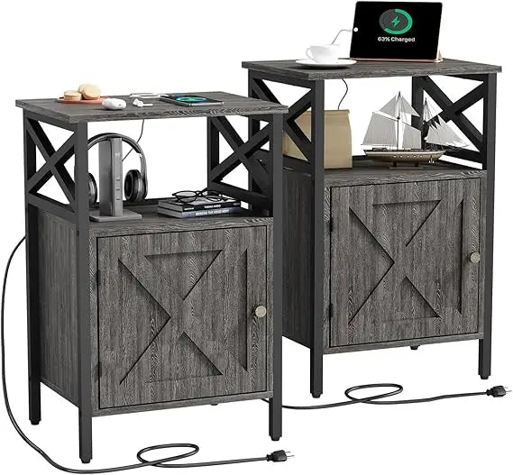 End Table Set of 2 with Charging Station, Side Table with Power Outlet & USB Ports, Nightstand with 2 Tiers Storage Space and St