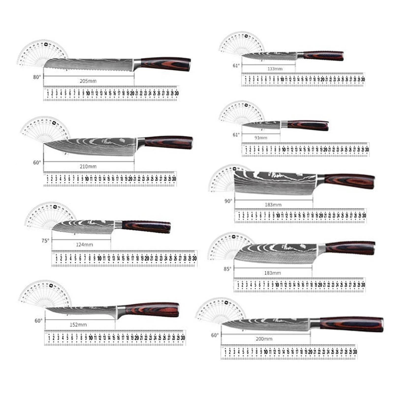 Set Kitchen Cutter Set 5CR15 Stainless Steel Wood Handle Damascus Pattern - Loft&Timber