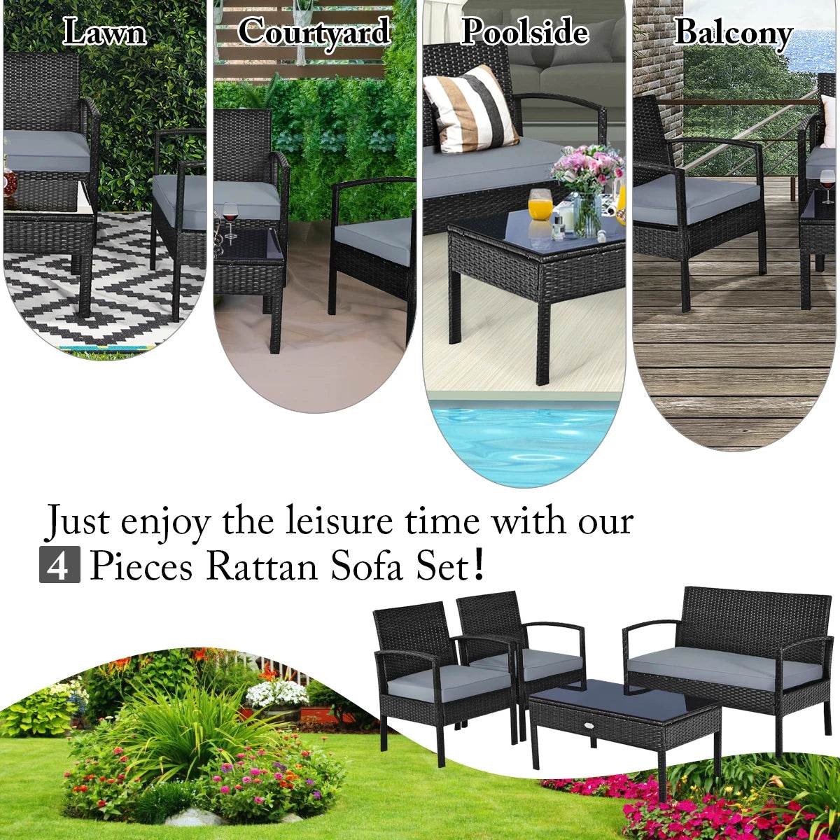 4 PCS Patio Rattan Furniture Set Garden Deck - Loft&Timber