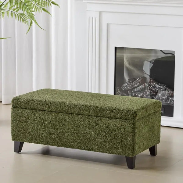 Green Storage Ottoman with Flip-Top Lid, Easy Assembly, Boucle Fabric, Birch Wood Legs