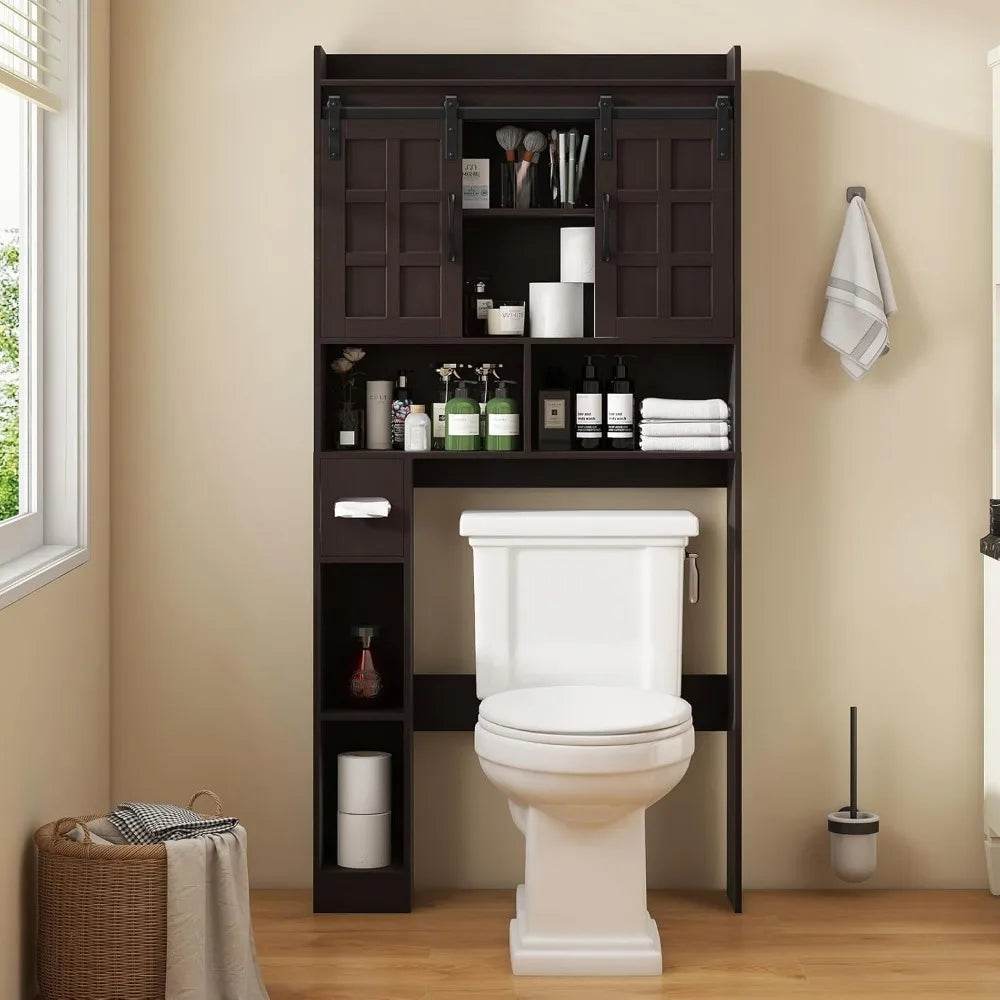 rustic over-the-commode storage with sliding doors for bathroom space efficiency - Loft&Timber