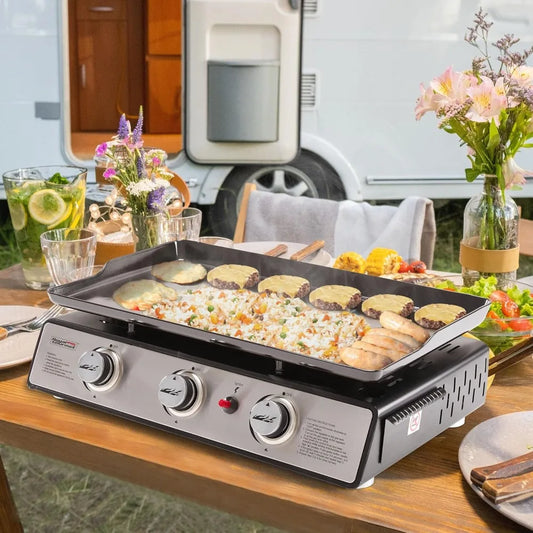Portable 24-Inch 3-Burner Gas Grill with Griddle and Cover, 25,500 BTUs