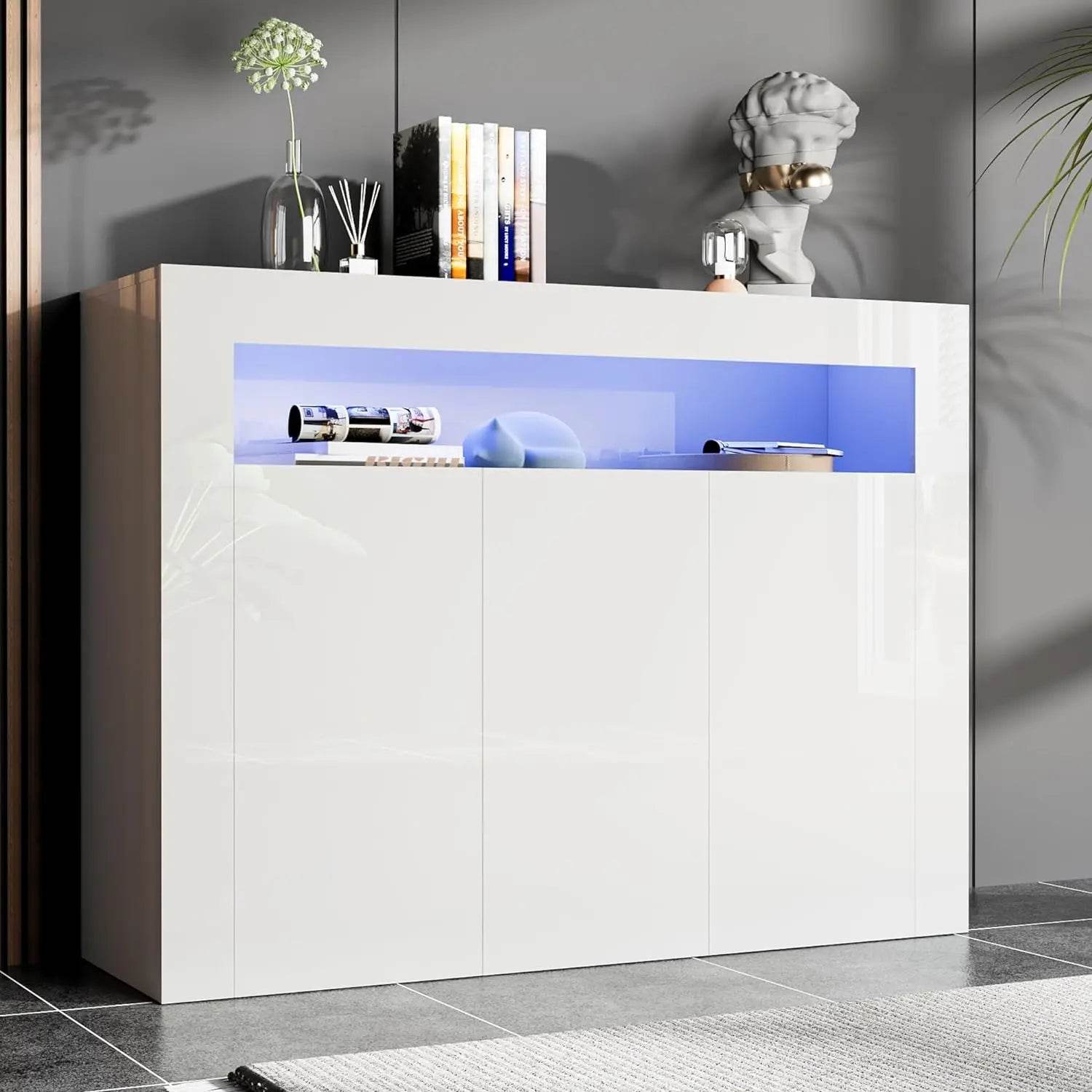 High Glossy Sideboard Modern White Buffet Cabinet with LED Lights - Loft&Timber