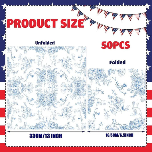 50 Pack Blue Floral Cocktail napkins Blue and White Floral Paper