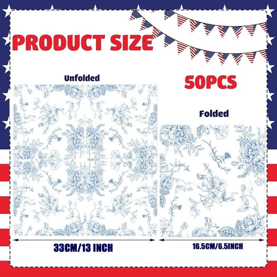 50 Pack Blue Floral Cocktail napkins Blue and White Floral Paper - Loft&Timber