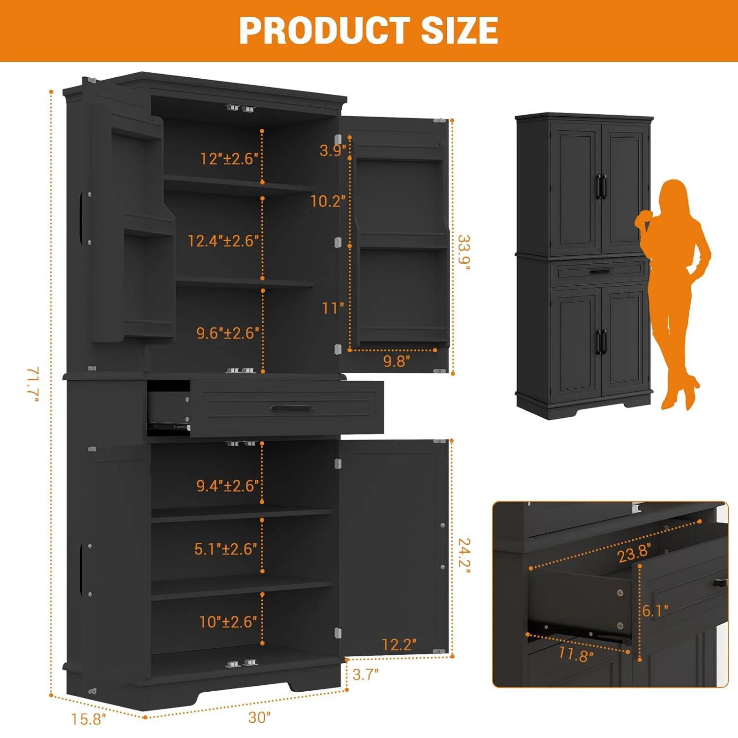 72" Large Pantry with Drawers - Loft&Timber