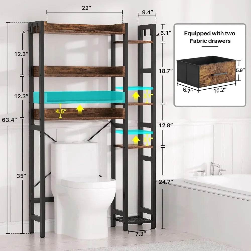 Freestanding 7-Tier Bathroom Organizer with 2 Drawers and Adjustable Shelf for Over-the-Toilet Storage - Loft&Timber