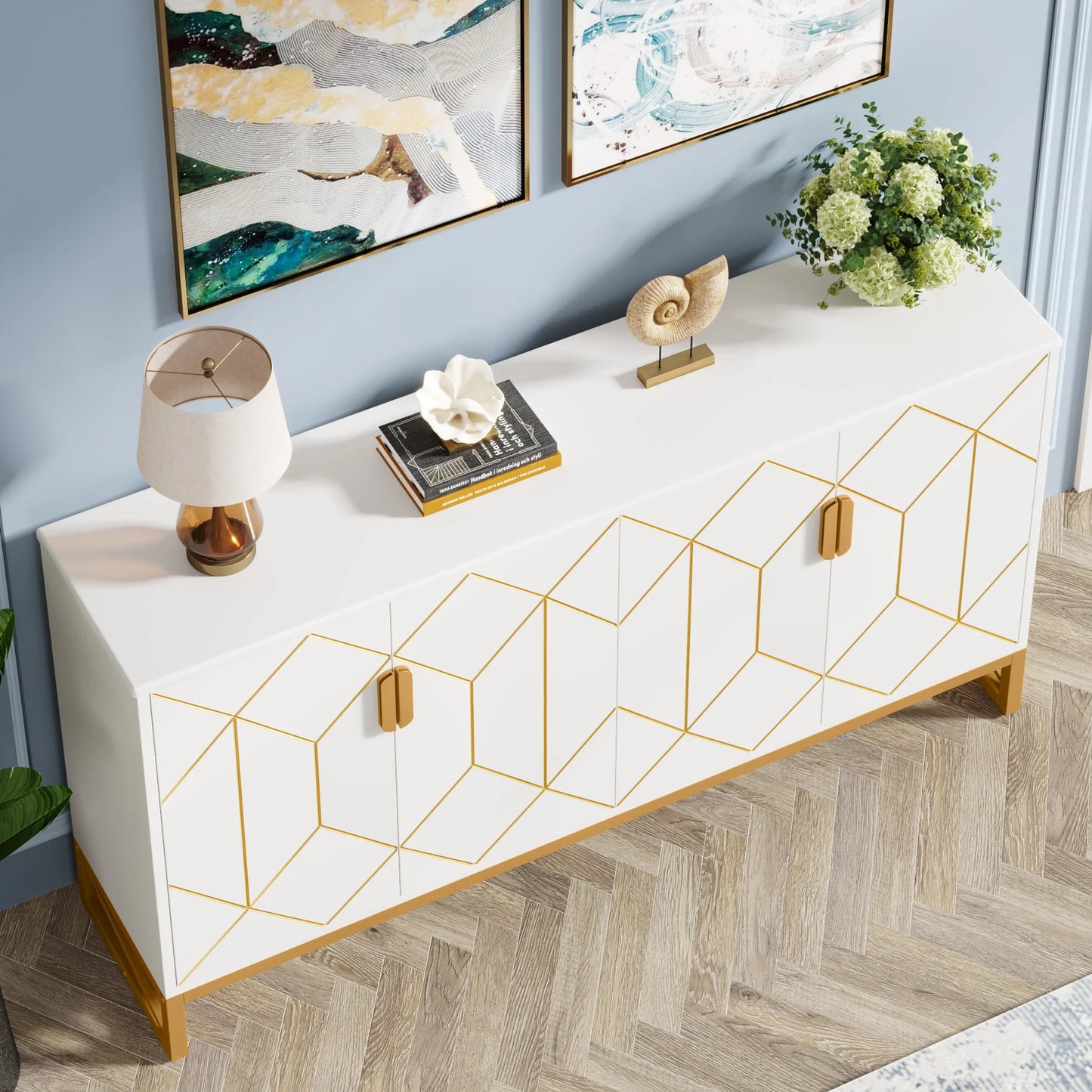 Tribesigns 59" White Gold Buffet Cabinet with Storage - Loft&Timber