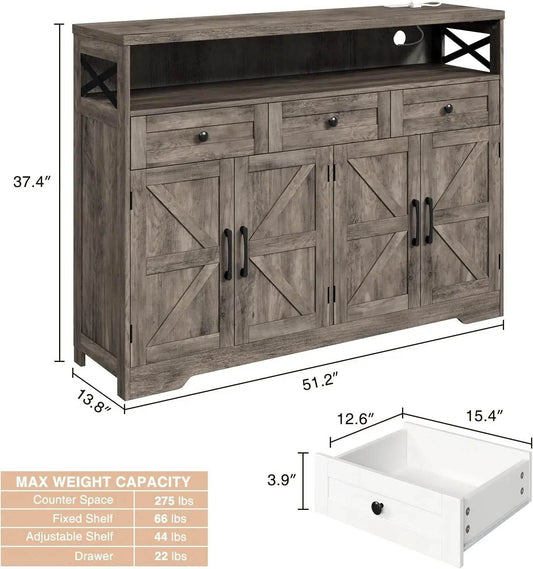 Vabches Sideboard Buffet Cabinet with Drawers & Charging Station - Loft&Timber