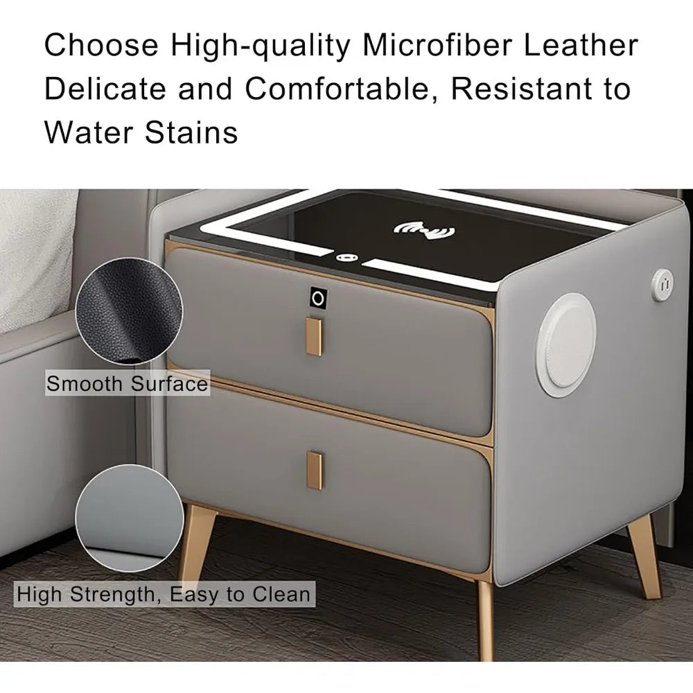 Modern Bluetooth Nightstand with LED Light, 2 Drawers, and Fingerprint Lock