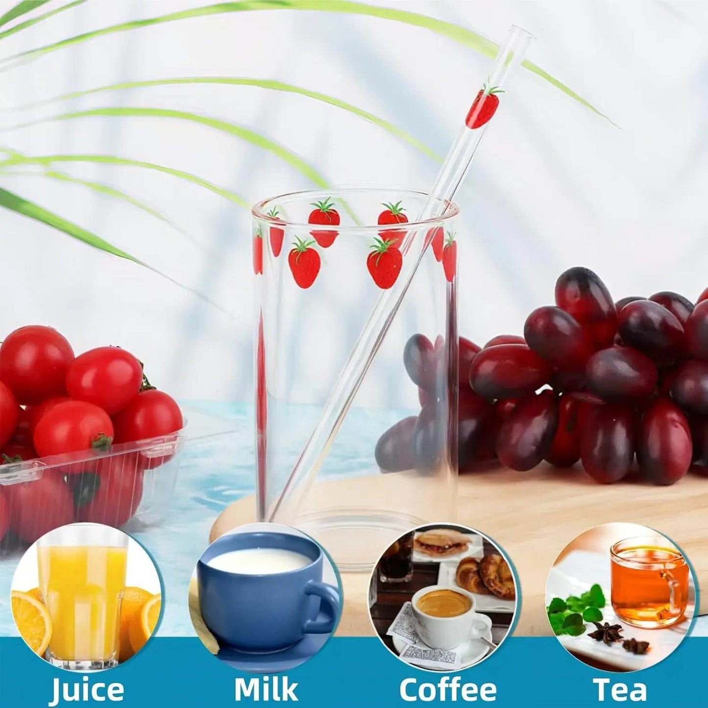 4 Sets Strawberry Cups, 300ML Clear Small Glass Strawberry Drinking Cups with 4 Pieces and Straws - Loft&Timber