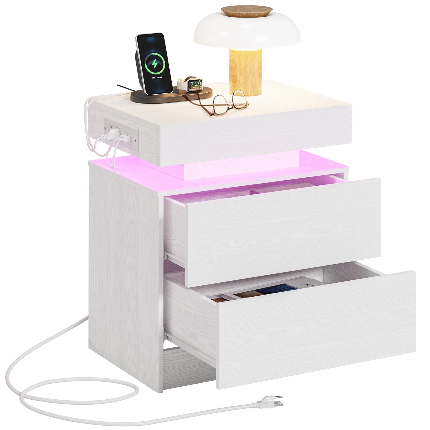 LIKIMIO Night Stand with Charging Station, Modern Nightstand with LED Light and Drawers, Bedside Tables/End Table for Bedroom