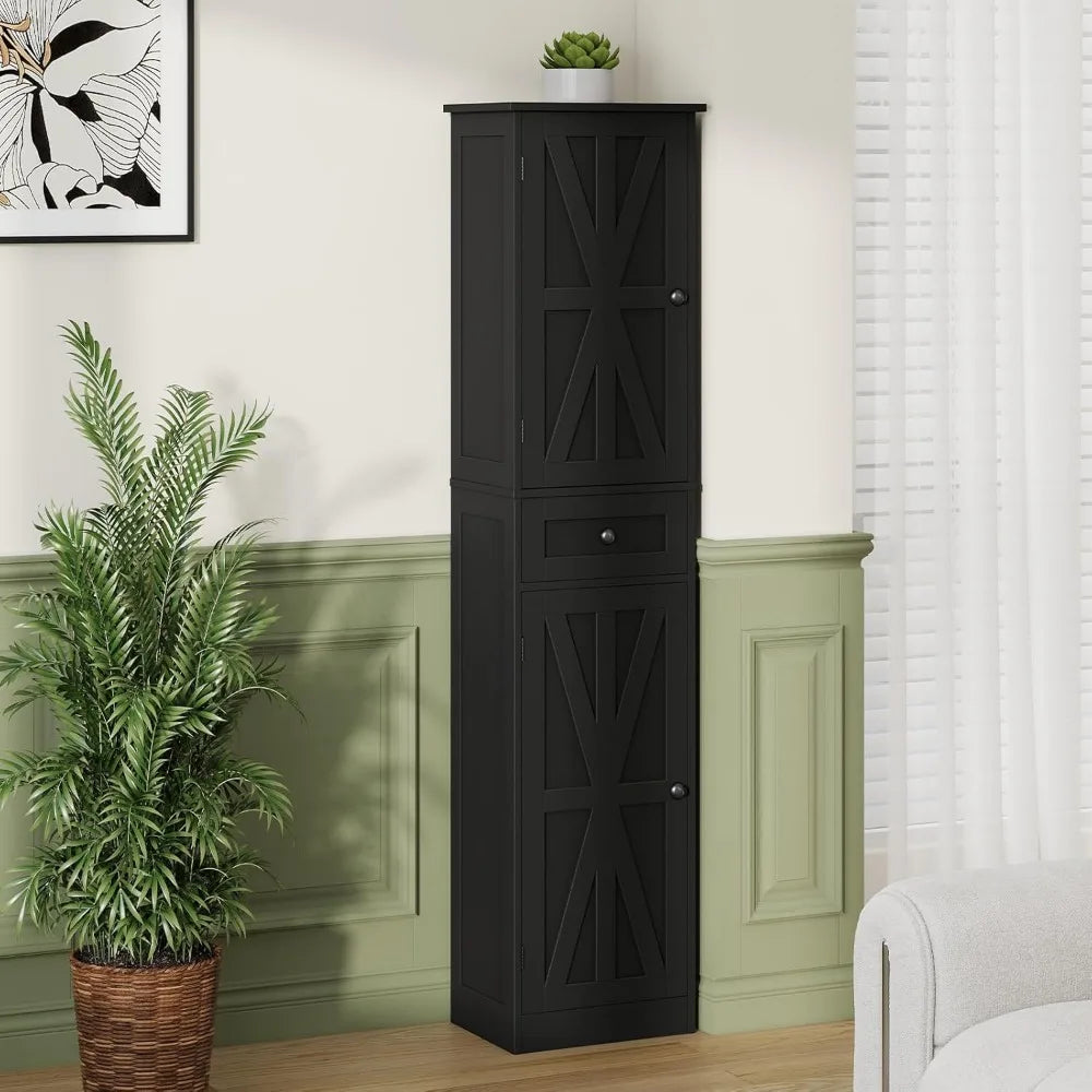 67" h tall bathroom cabinet, narrow storage cabinet with 2 barn doors and 1 drawer, freestanding floor cabinets with 6 shelves
