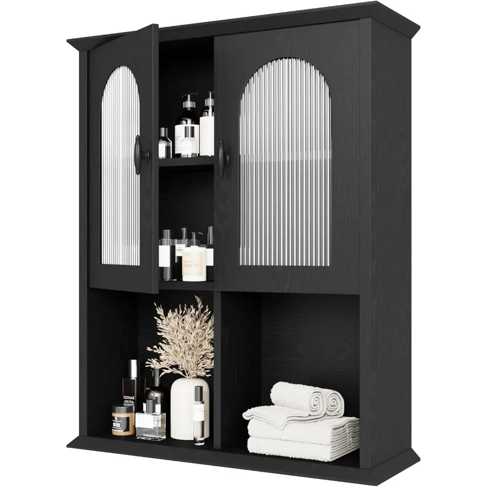 black over-the-toilet storage cabinet with fluted door, 23.6" x 29.5" medicine cabinet
