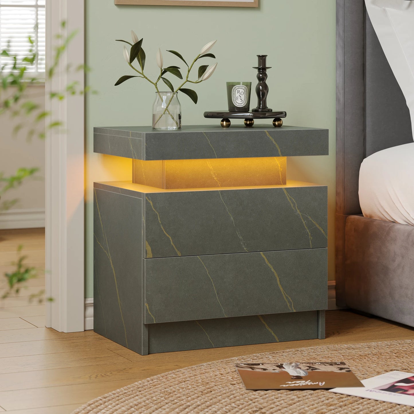 Cubehom LED Nightstands with 2 Drawers, End Table with RGB LED Lights for Bedroom Living Room, White Bedside Table