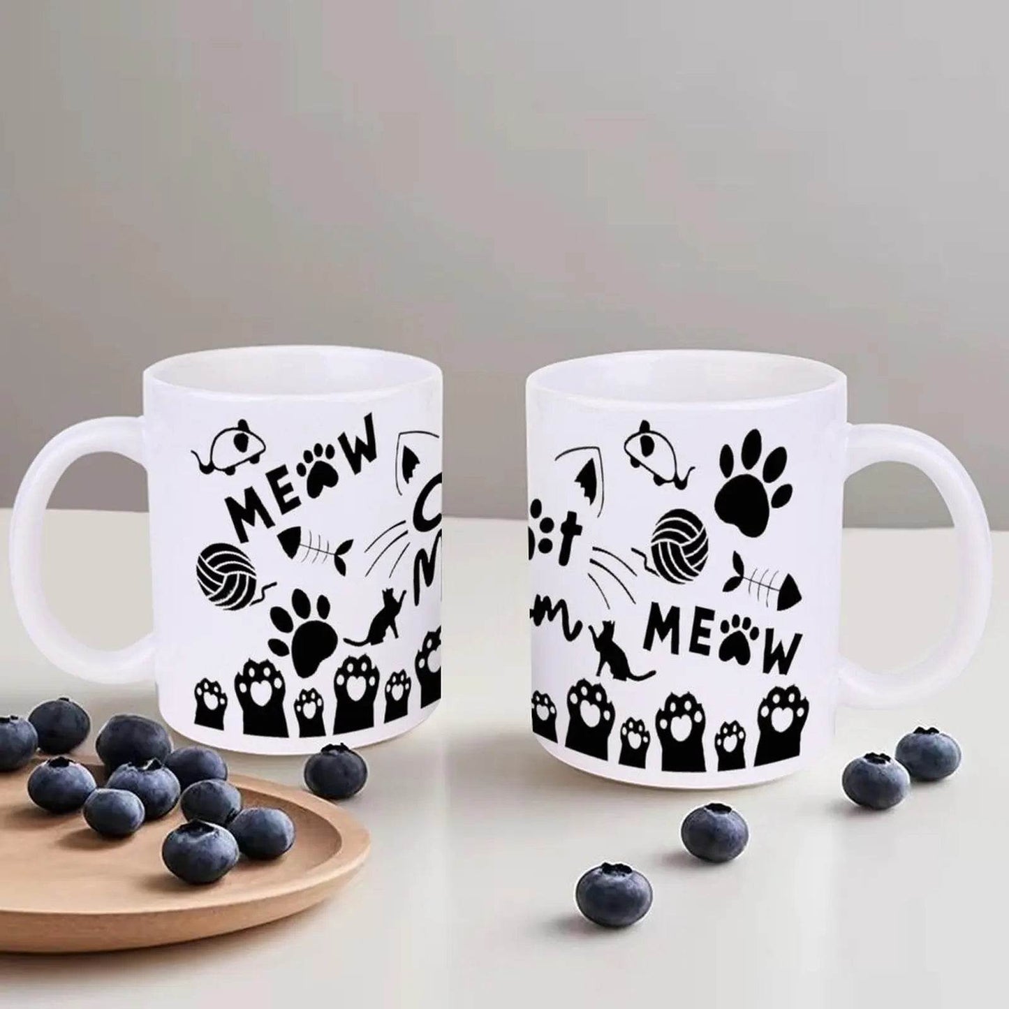 Silhouette Of A Cat's Paw Prints With The Words Meow Cat Mom Meow White Ceramic Sublimation Cups, 11oz Mugs - Loft&Timber