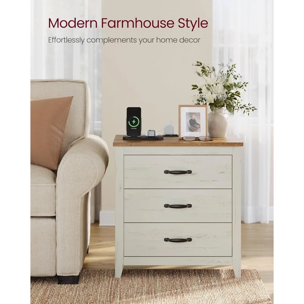 Charging Station Farmhouse Nightstand - 3 Drawer Bedside Table for Bedroom