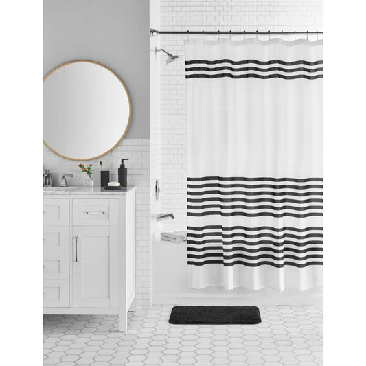 17-Piece Black & White Stripe Polyester/Plastic Shower Curtain