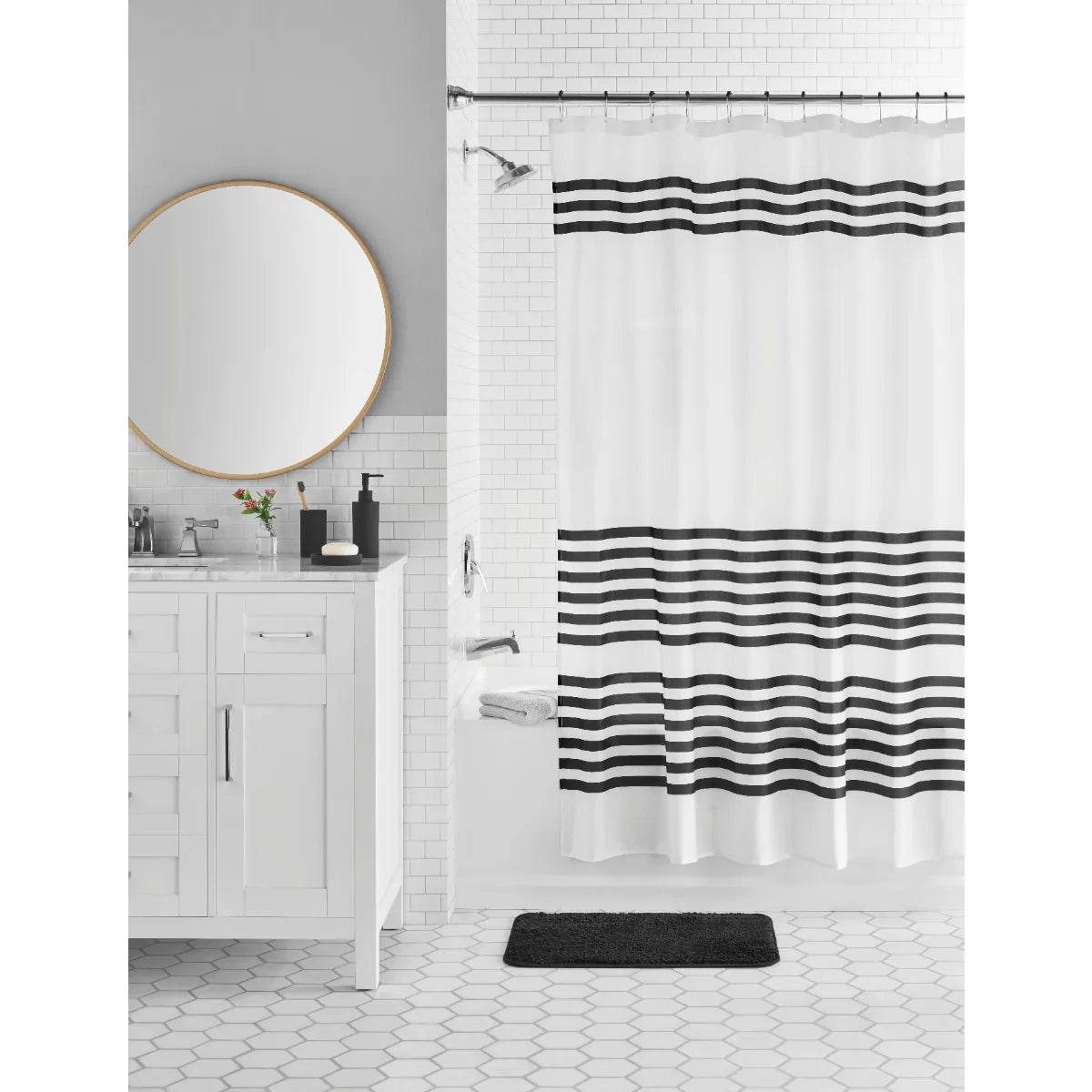 17-Piece Black & White Stripe Polyester/Plastic Shower Curtain - Loft&Timber