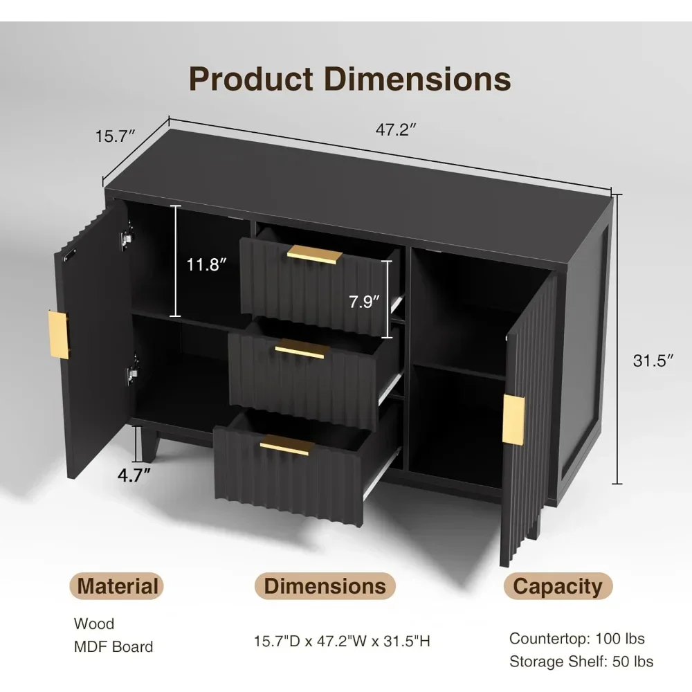 47.2" Large Fluted Buffet Storage Cabinet with 3 Drawers - Loft&Timber