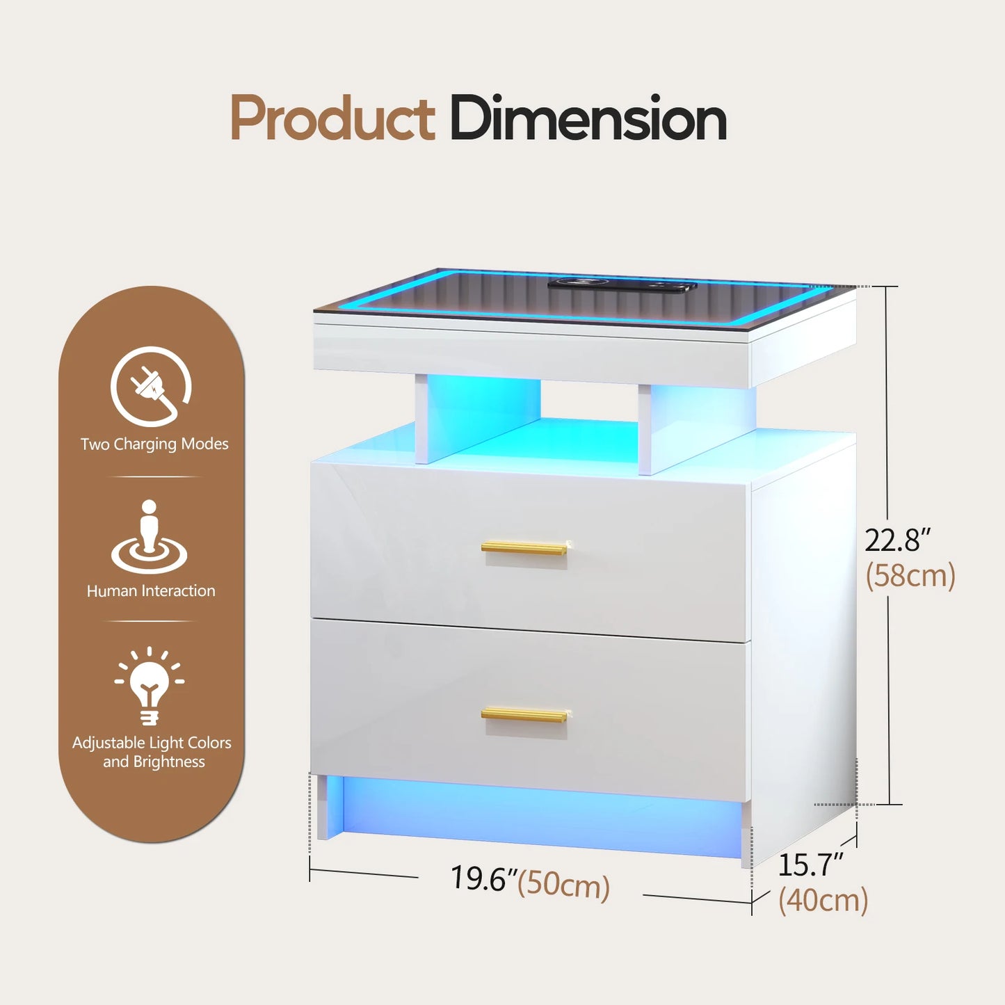 JDPAG LED Nightstand with Wireless Charging Station,Black Night Stand with 2 Drawers,Glass Top Smart Bedside Table