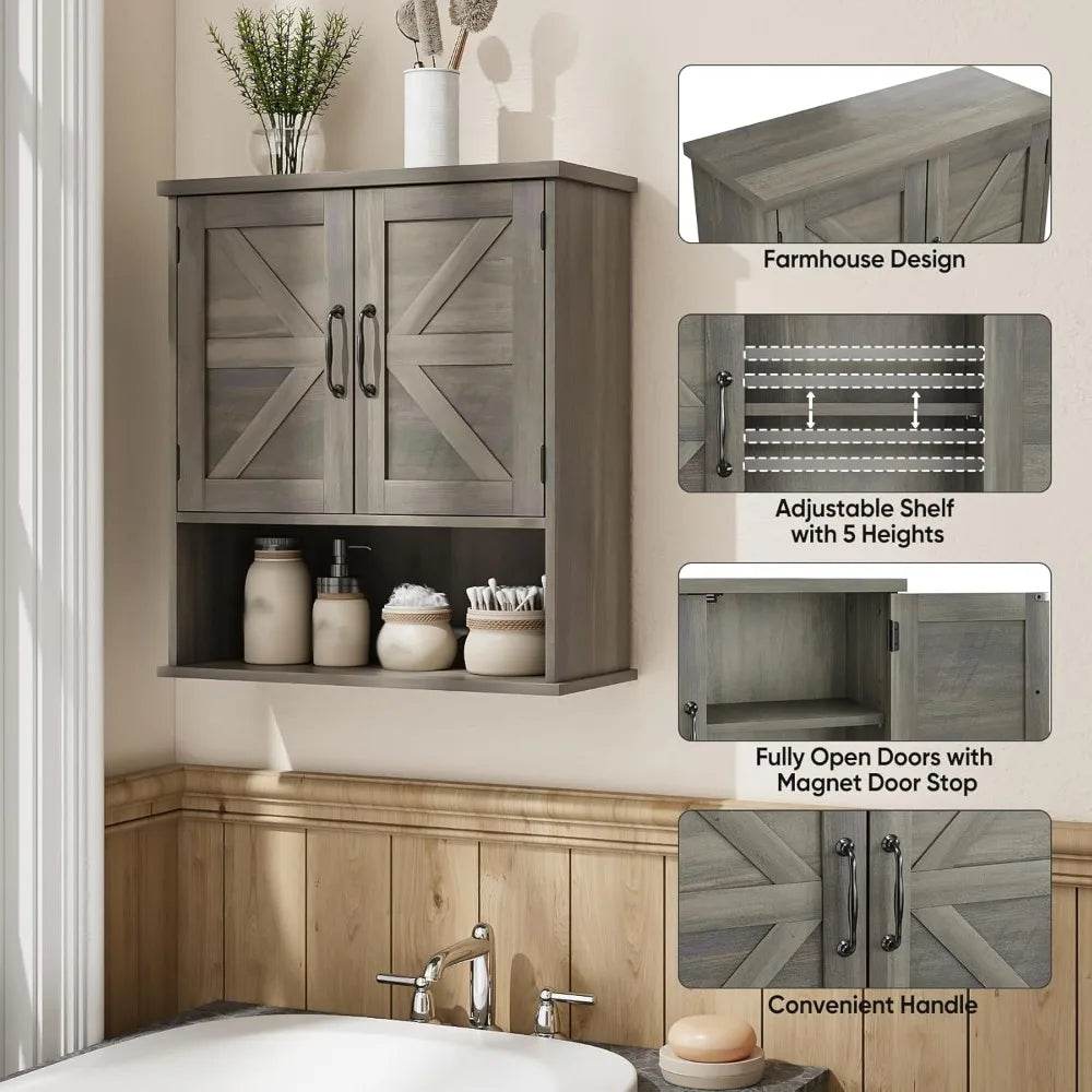 Farmhouse Style Wall-Mounted Bathroom Cabinet with Adjustable Shelves and Barn Door Design - Loft&Timber