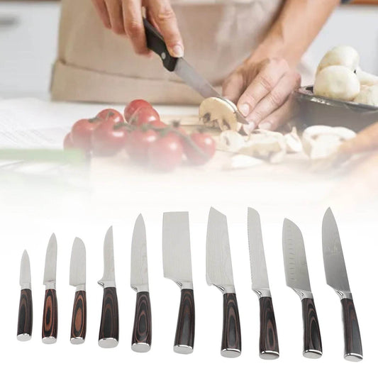 Set Kitchen Cutter Set 5CR15 Stainless Steel Wood Handle Damascus Pattern - Loft&Timber