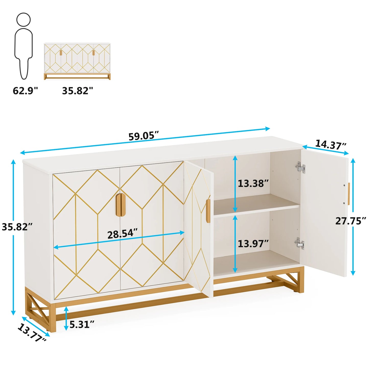 Tribesigns 59" White Gold Buffet Cabinet with Storage - Loft&Timber