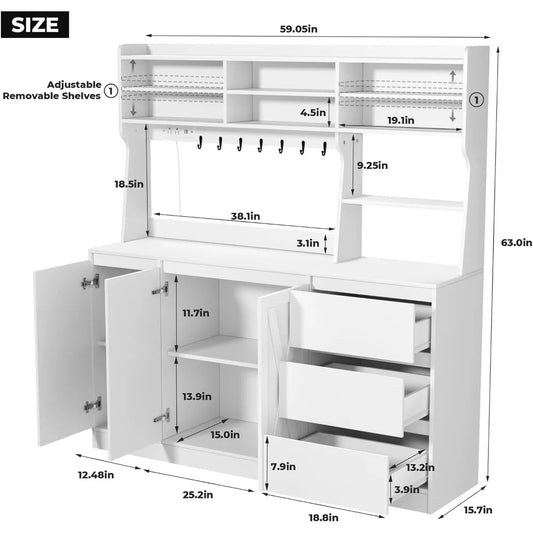 Buffet Sideboard Cabinet w/Power Outlets & LED Light; 58" W x63 H - Loft&Timber