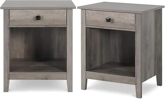 Nightstands - Set of 2 Wooden Night Stands, Bedside Tables, with Drawers, Farmhouse Style Bedroom Furniture (Grey Wood Grain, 1