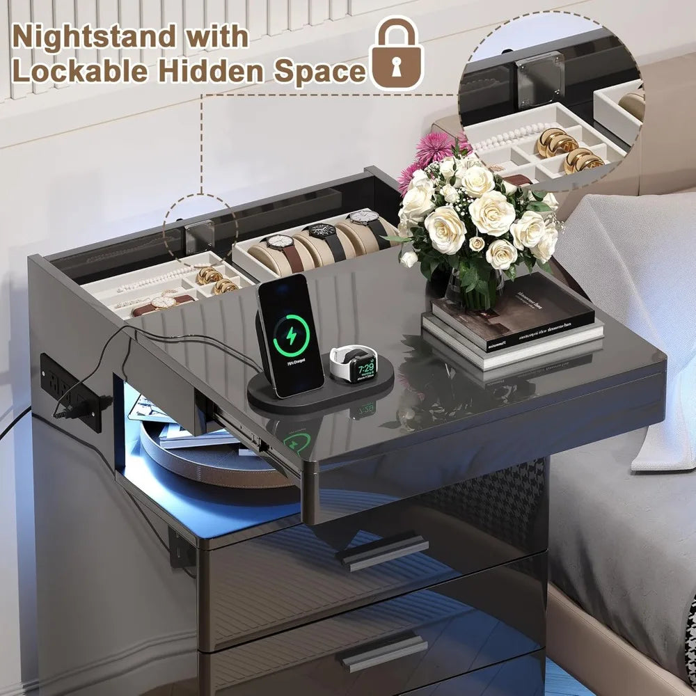 Contemporary LED Nightstand with Secret Compartment, Sleek Charging Station Night Stand, 3-Drawer Intelligent Nightstand with Gl