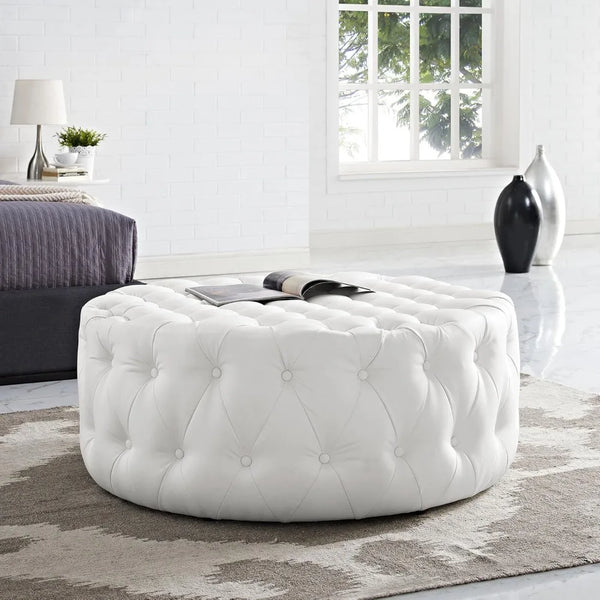 Amour Faux Leather Button-Tufted Round Ottoman in White
