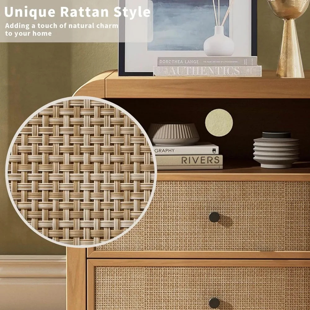 rattan nightstand set of 2, 23.6'' rattan end table with ample storage, boho nightstand with charging station, thick