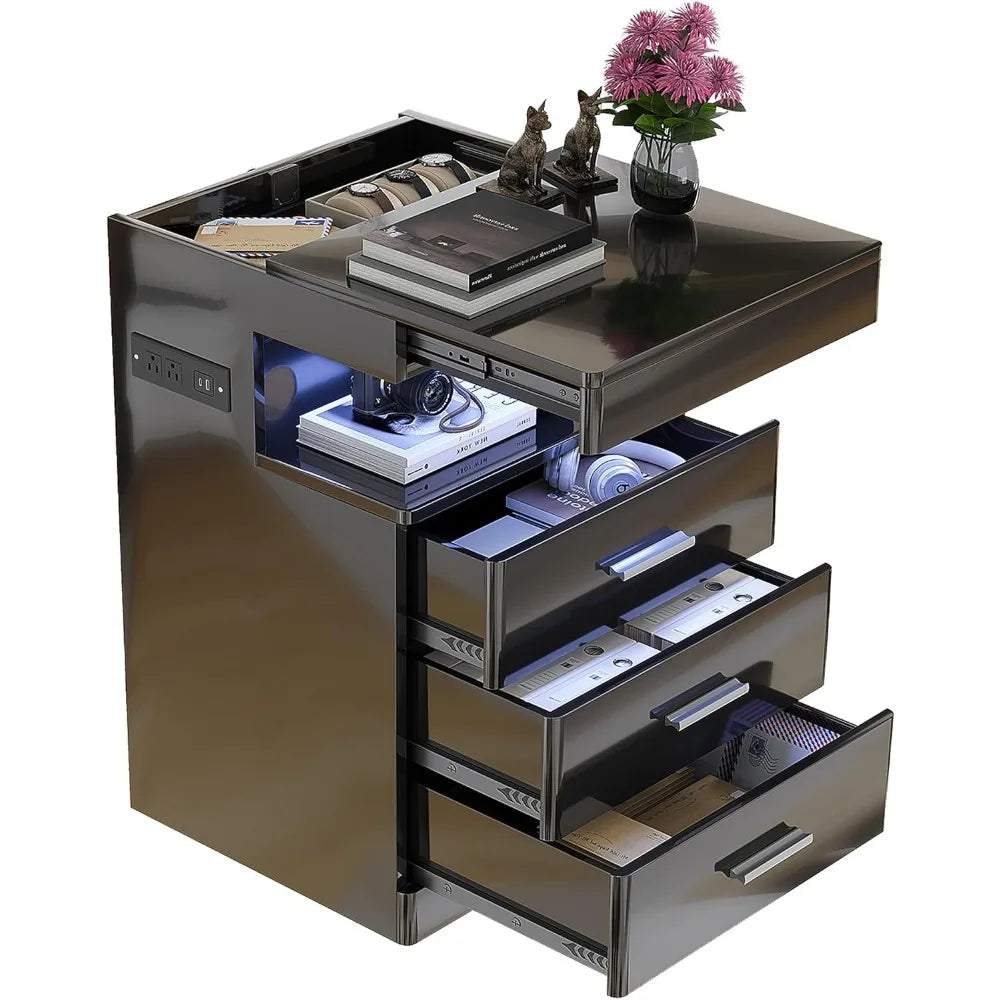 Contemporary LED Nightstand with Secret Compartment, Sleek Charging Station Night Stand, 3-Drawer Intelligent Nightstand with Gl