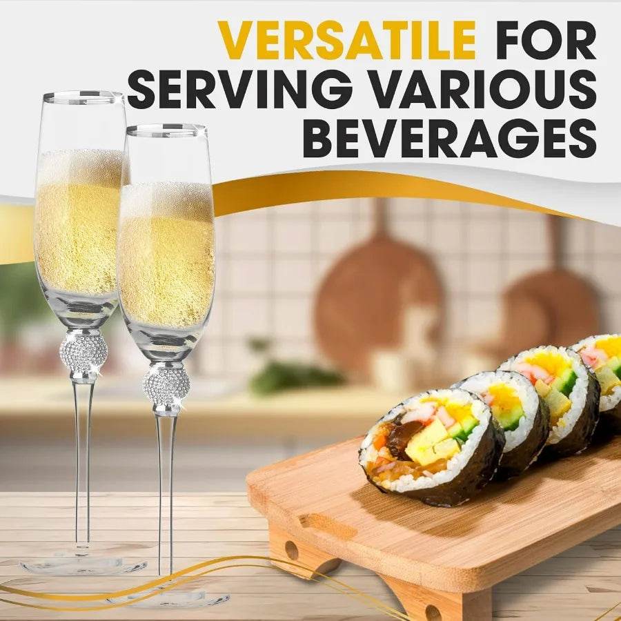 Elegant Crystal Champagne Flutes with Silver Rim and Sparkling Rhinestone Accents - Loft&Timber