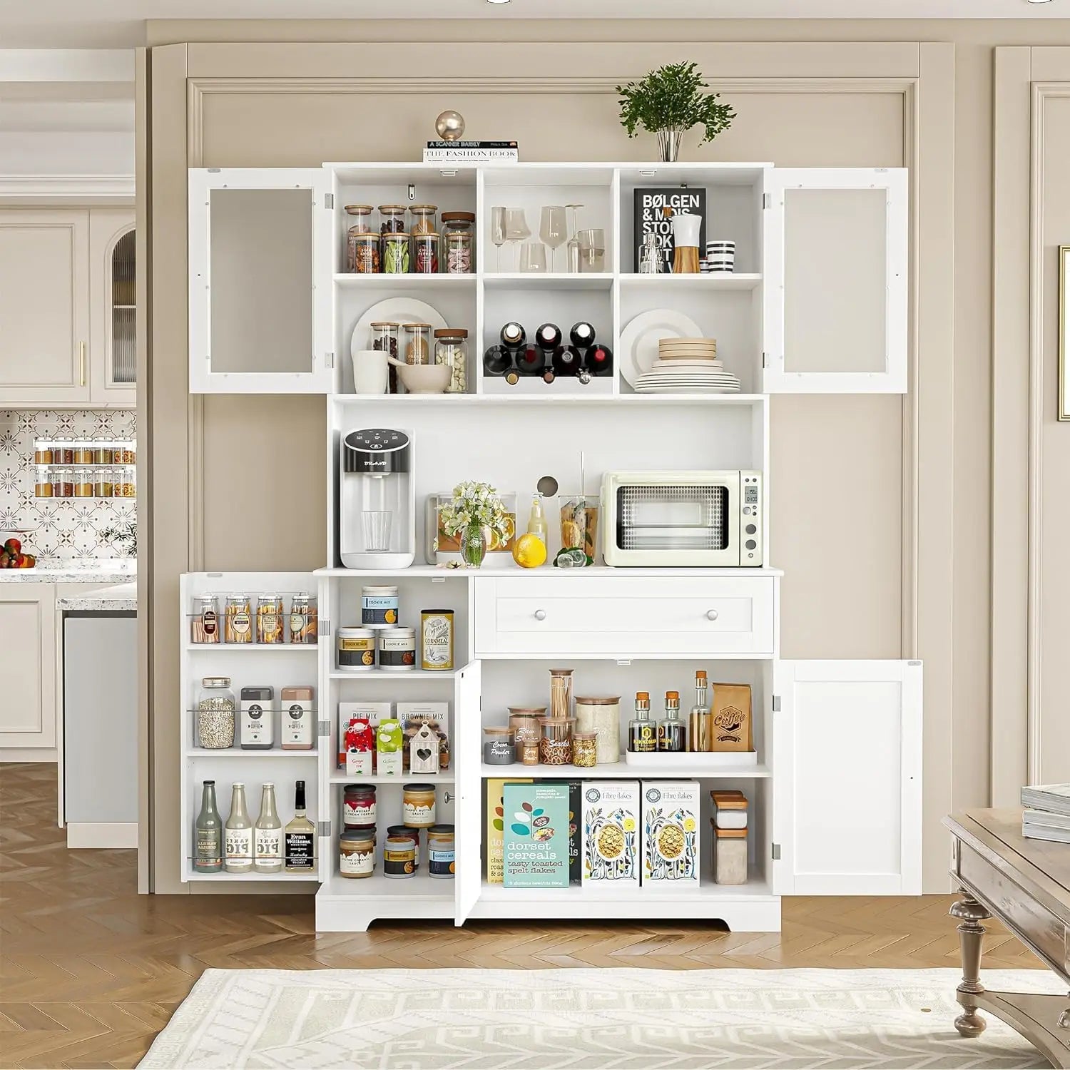48" High Kitchen Pantry Storage Cabinet with Glass Doors and Shelves - Loft&Timber