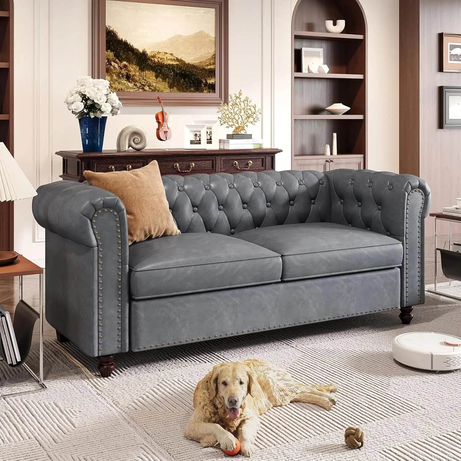 Chesterfield Faux Leather Sofa Couch with Wooden Legs - Loft&Timber