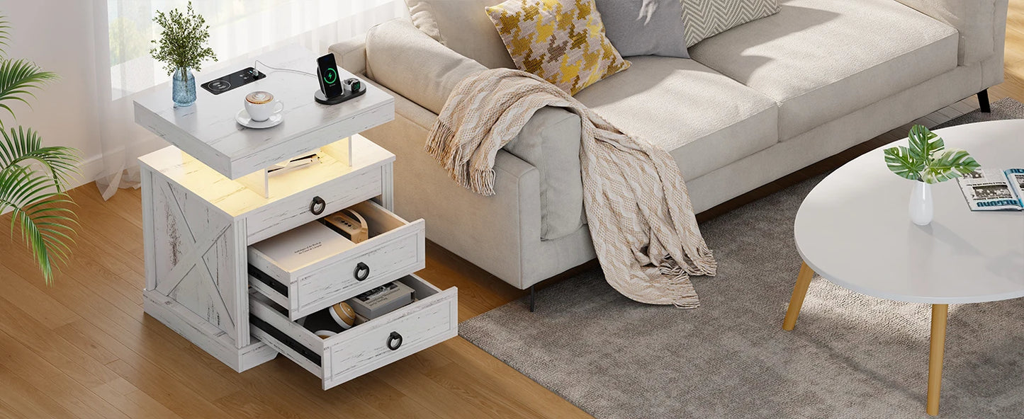 JDPAG Farmhouse Nightstand with Lockable Gun Drawer,3 Color Dimmable LED End Table with Charging Station,Bedside Table with Huma