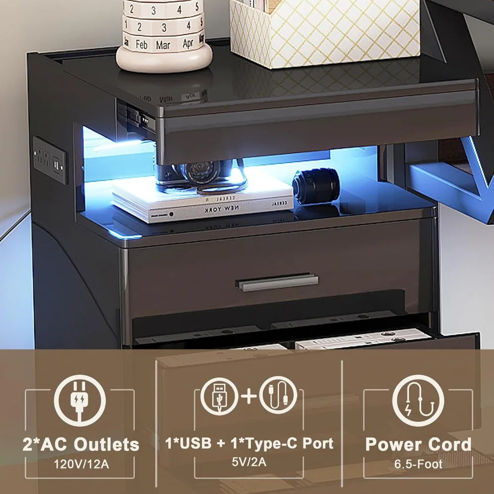 Contemporary LED Nightstand with Secret Compartment, Sleek Charging Station Night Stand, 3-Drawer Intelligent Nightstand with Gl