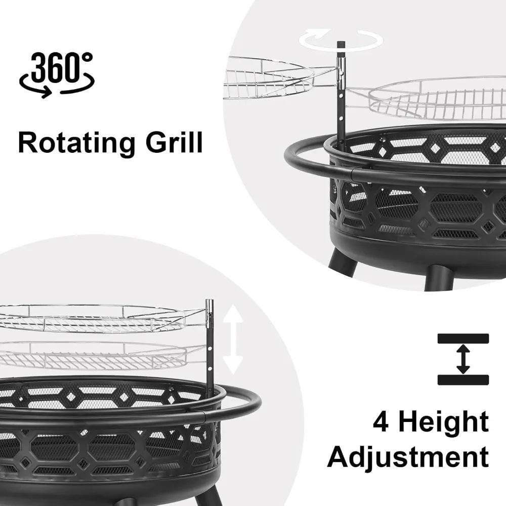 Outdoor Wood Burning Firepit with Removable Grill & Poker, Heavy Duty Metal Round Fireplace,2 in 1 Large Round Fireplace - Loft&Timber