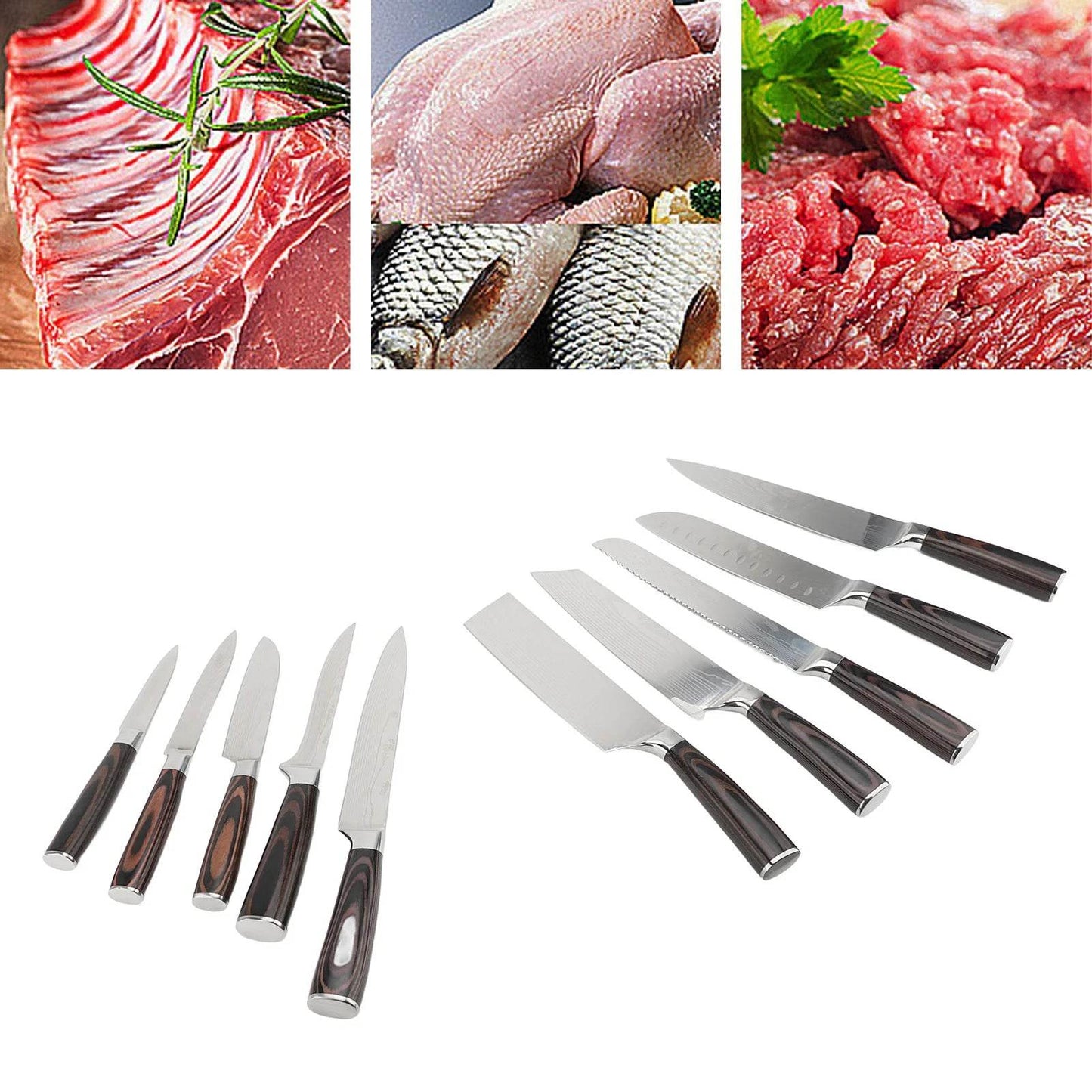 Set Kitchen Cutter Set 5CR15 Stainless Steel Wood Handle Damascus Pattern - Loft&Timber