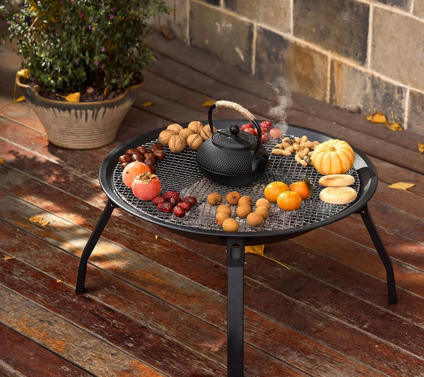 Outdoor Charcoal Fire Pit Portable Iron Fire Bowl with Folding Legs Black-1
