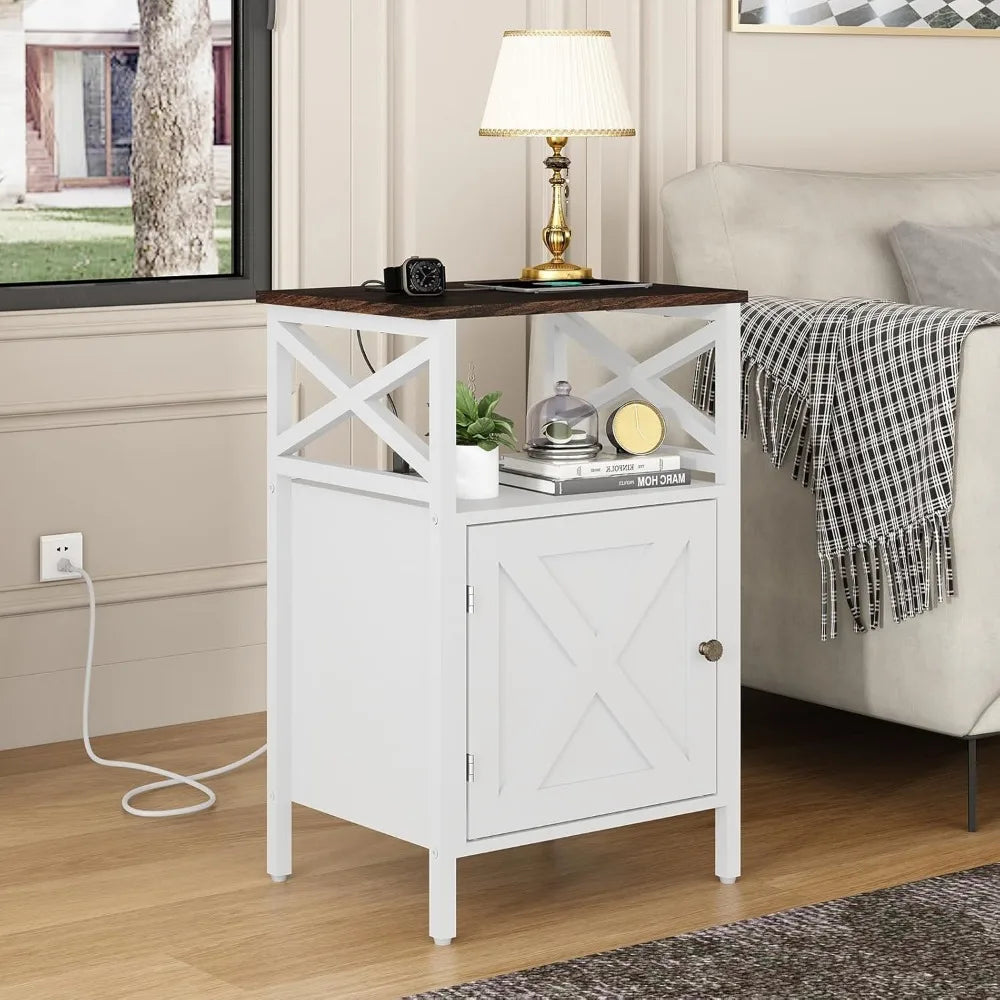 End Table Set of 2 with Charging Station, Side Table with Power Outlet & USB Ports, Nightstand with 2 Tiers Storage Space and St